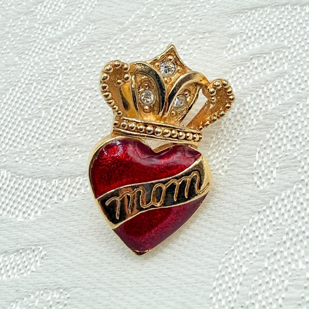 Vintage Avon Crown Of Hearts MOM Scatter Pin w/ Red Enamel & Rhinestones
